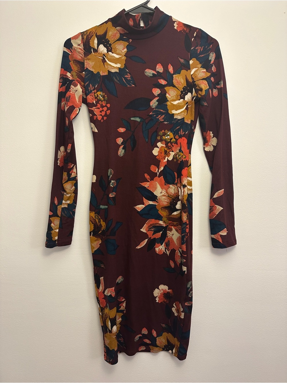 Black Bead Burgundy Long Sleeve Floral Mock-Neck Midi Dress